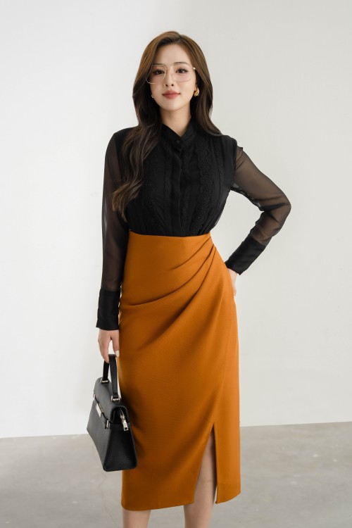 Sixdo Caramel Wraparound Midi Raw Skirt